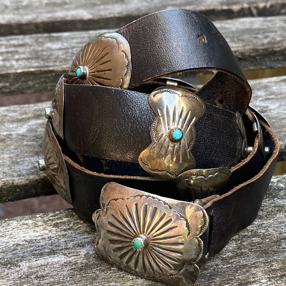 🌹Stunning Vtg Navajo 13 pc Sterling Silver & Turquoise Concho Leather Belt~MINT